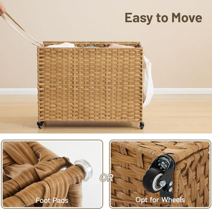 Laundry Hamper with Wheels, 34.3 Gallon(130L) Rolling Laundry Basket with Lid, 3-Section Rattan Clothes Hamper with 3 Removable Liner & 3 Mesh Bags, Laundry Sorter with Side Pocket, Brown