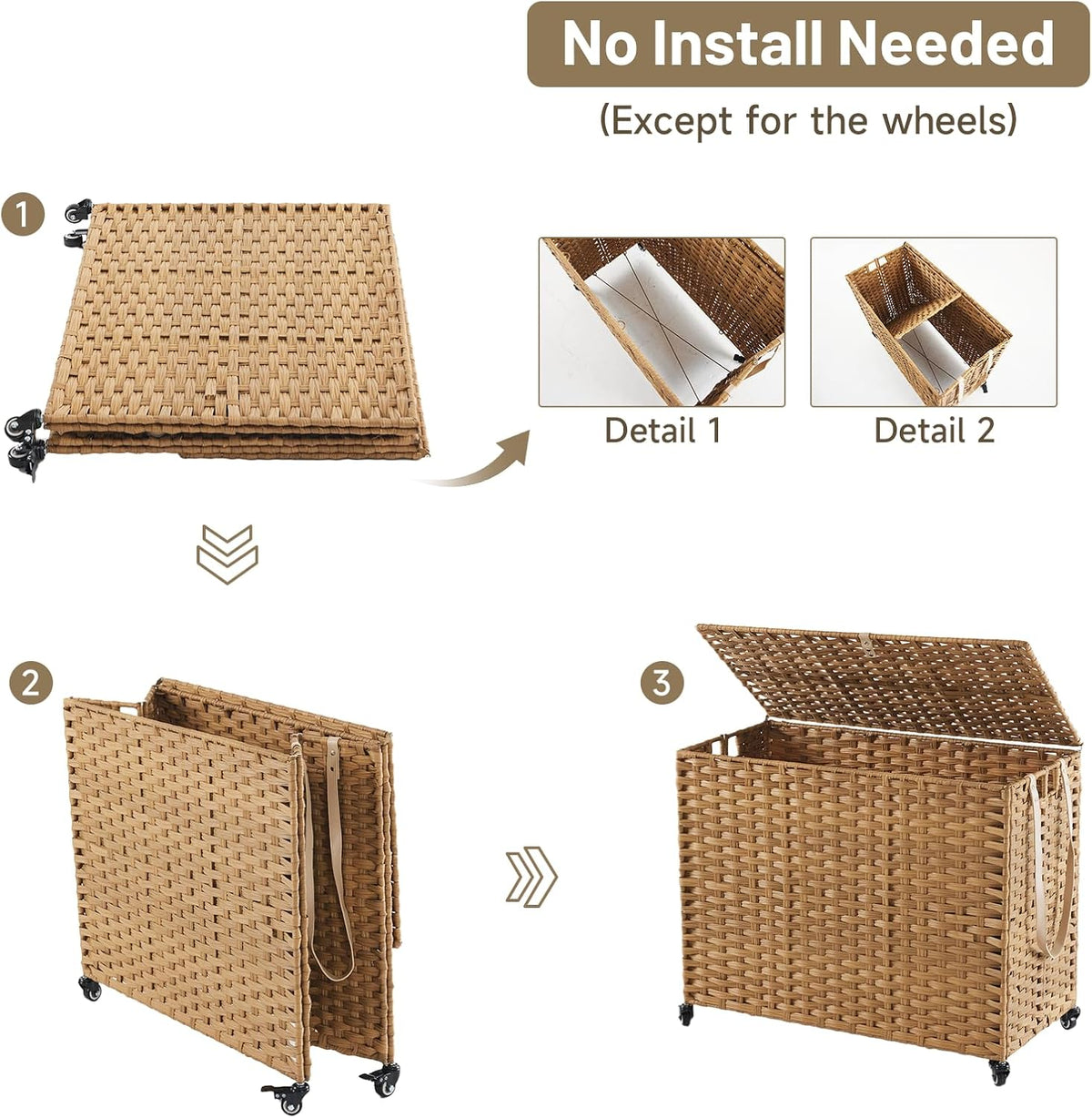 Laundry Hamper with Wheels, 34.3 Gallon(130L) Rolling Laundry Basket with Lid, 3-Section Rattan Clothes Hamper with 3 Removable Liner & 3 Mesh Bags, Laundry Sorter with Side Pocket, Brown