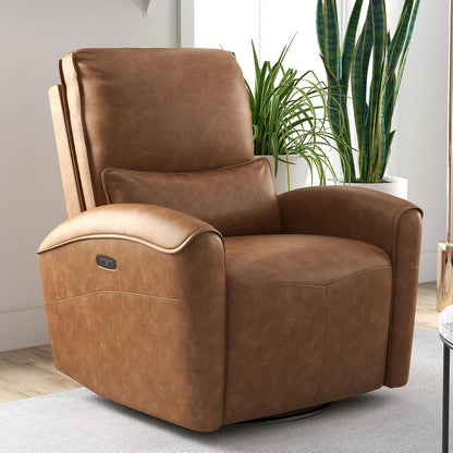 Power Swivel Rocker Recliner Chair with USB Port, 23.2" Wide Seat, Fixed Lumbar Support, Upholstered Glider Chair for Nursery Living Room, Brown