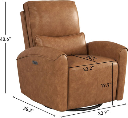 Power Swivel Rocker Recliner Chair with USB Port, 23.2" Wide Seat, Fixed Lumbar Support, Upholstered Glider Chair for Nursery Living Room, Brown