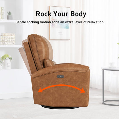 Power Swivel Rocker Recliner Chair with USB Port, 23.2" Wide Seat, Fixed Lumbar Support, Upholstered Glider Chair for Nursery Living Room, Brown