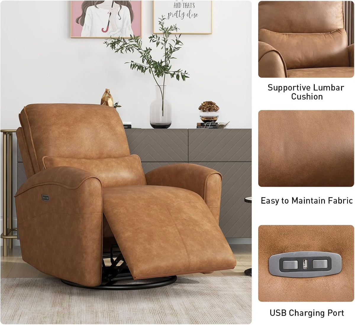 Power Swivel Rocker Recliner Chair with USB Port, 23.2" Wide Seat, Fixed Lumbar Support, Upholstered Glider Chair for Nursery Living Room, Brown