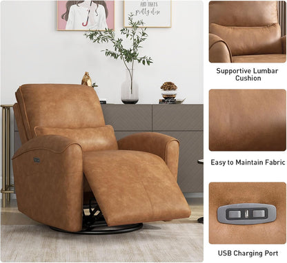 Power Swivel Rocker Recliner Chair with USB Port, 23.2" Wide Seat, Fixed Lumbar Support, Upholstered Glider Chair for Nursery Living Room, Brown