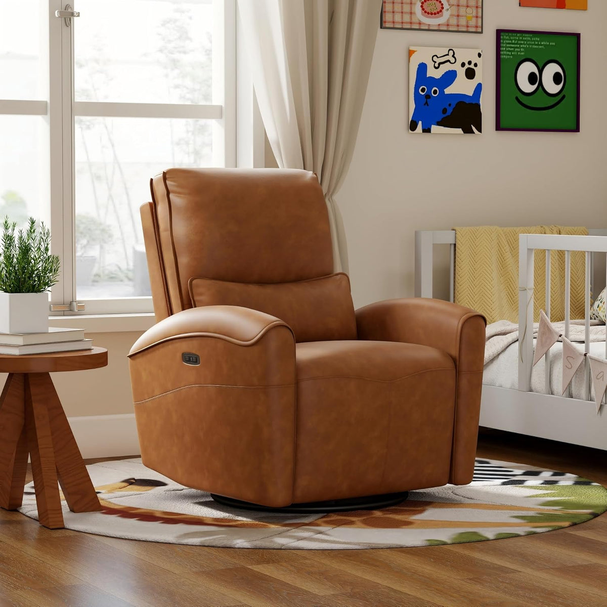 Power Swivel Rocker Recliner Chair with USB Port, 23.2" Wide Seat, Fixed Lumbar Support, Upholstered Glider Chair for Nursery Living Room, Brown