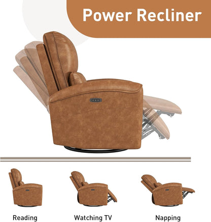 Power Swivel Rocker Recliner Chair with USB Port, 23.2" Wide Seat, Fixed Lumbar Support, Upholstered Glider Chair for Nursery Living Room, Brown