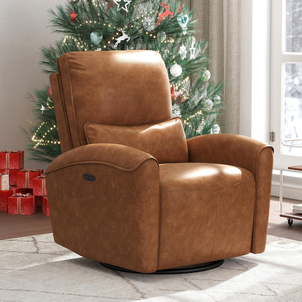 Power Swivel Rocker Recliner Chair with USB Port, 23.2" Wide Seat, Fixed Lumbar Support, Upholstered Glider Chair for Nursery Living Room, Brown