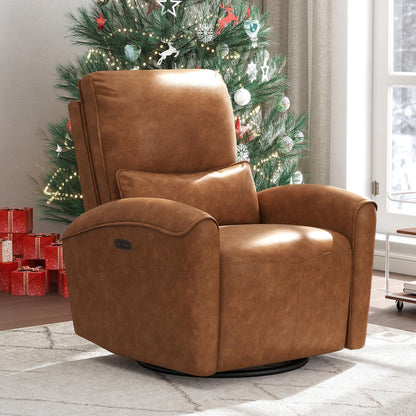 Power Swivel Rocker Recliner Chair with USB Port, 23.2" Wide Seat, Fixed Lumbar Support, Upholstered Glider Chair for Nursery Living Room, Brown