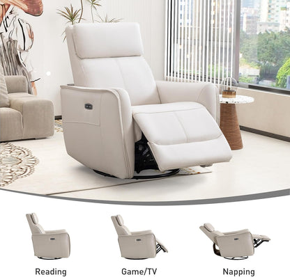 Power Swivel Rocker Recliner Chair with USB Port, 23.2" Wide Seat, Fixed Lumbar Support, Upholstered Glider Chair for Nursery Living Room, Brown