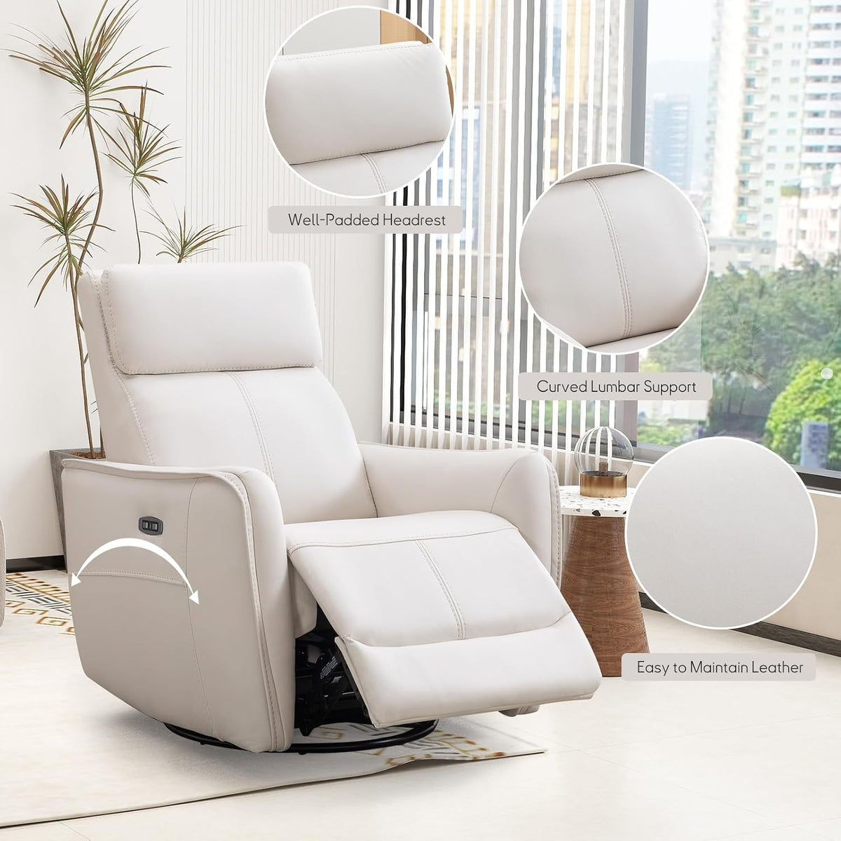 Power Swivel Rocker Recliner Chair with USB Port, 23.2" Wide Seat, Fixed Lumbar Support, Upholstered Glider Chair for Nursery Living Room, Brown