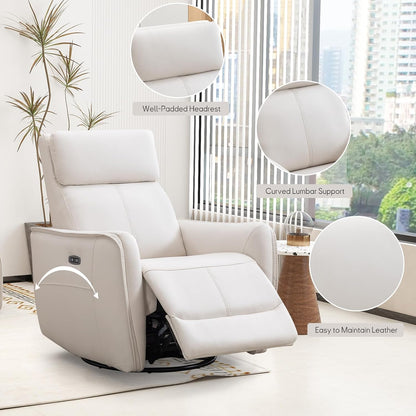 Power Swivel Rocker Recliner Chair with USB Port, 23.2" Wide Seat, Fixed Lumbar Support, Upholstered Glider Chair for Nursery Living Room, Brown