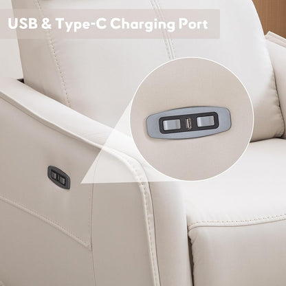 Power Swivel Rocker Recliner Chair with USB Port, 23.2" Wide Seat, Fixed Lumbar Support, Upholstered Glider Chair for Nursery Living Room, Brown