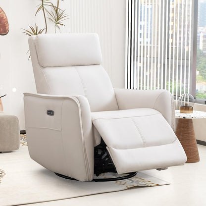 Power Swivel Rocker Recliner Chair with USB Port, 23.2" Wide Seat, Fixed Lumbar Support, Upholstered Glider Chair for Nursery Living Room, Brown