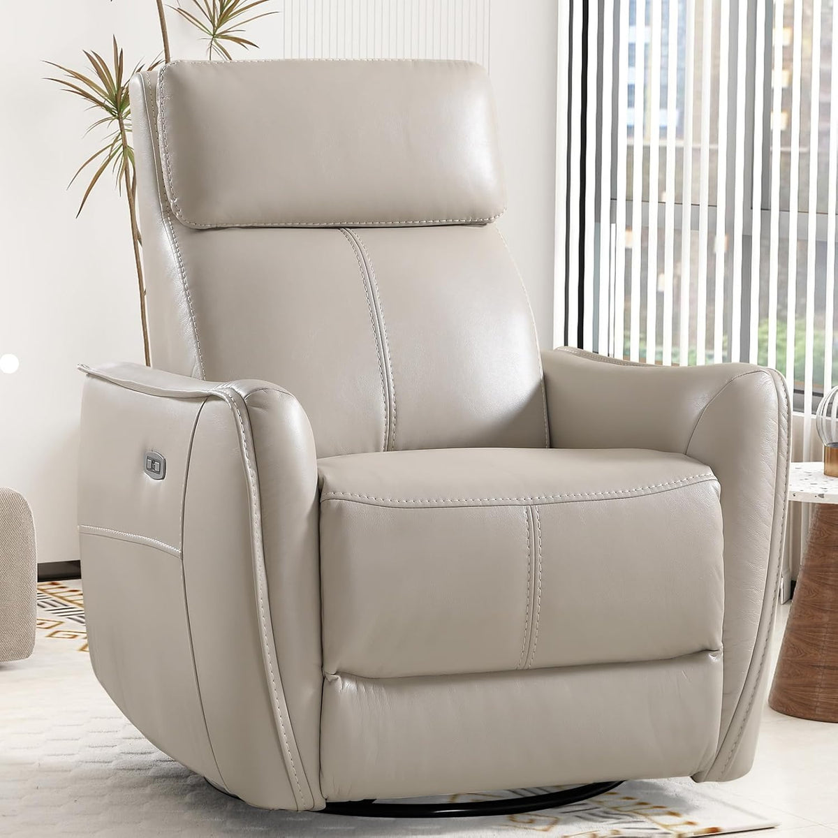 Power Swivel Rocker Recliner Chair with USB Port, 23.2" Wide Seat, Fixed Lumbar Support, Upholstered Glider Chair for Nursery Living Room, Brown
