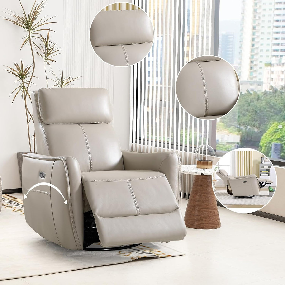 Power Swivel Rocker Recliner Chair with USB Port, 23.2" Wide Seat, Fixed Lumbar Support, Upholstered Glider Chair for Nursery Living Room, Brown