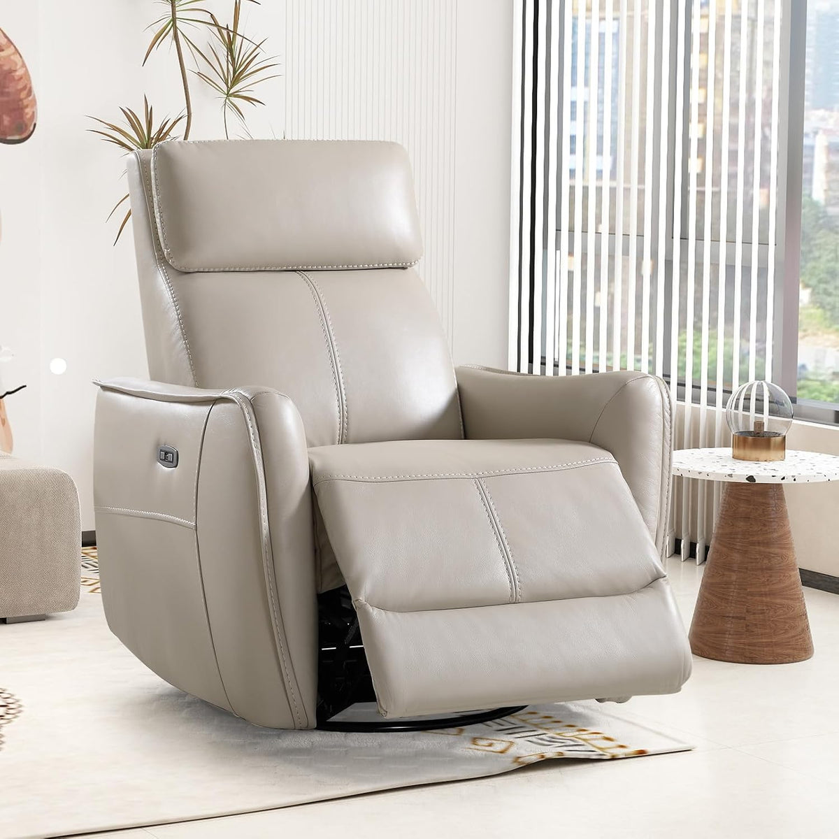 Power Swivel Rocker Recliner Chair with USB Port, 23.2" Wide Seat, Fixed Lumbar Support, Upholstered Glider Chair for Nursery Living Room, Brown