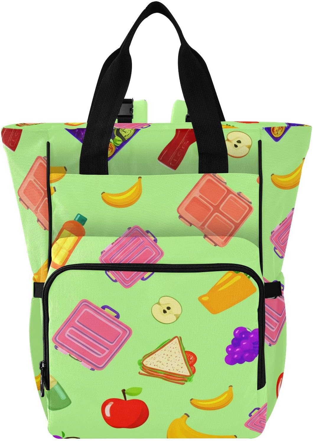 Diaper Bag Backpack, Multifunction Travel Bag for Moms Dads, Baby Changing Bag with Insulted Pockets, Stroller Straps and Side Bottle Pockets Colorful Lunch Items