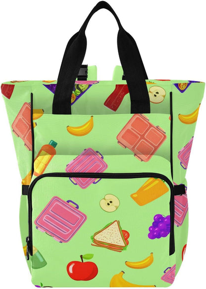 Diaper Bag Backpack, Multifunction Travel Bag for Moms Dads, Baby Changing Bag with Insulted Pockets, Stroller Straps and Side Bottle Pockets Colorful Lunch Items