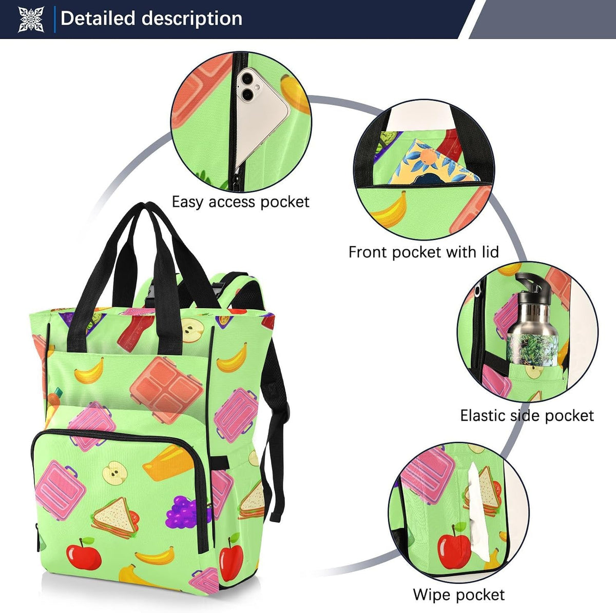 Diaper Bag Backpack, Multifunction Travel Bag for Moms Dads, Baby Changing Bag with Insulted Pockets, Stroller Straps and Side Bottle Pockets Colorful Lunch Items