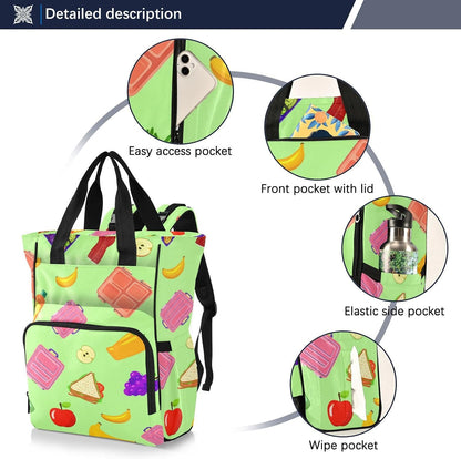 Diaper Bag Backpack, Multifunction Travel Bag for Moms Dads, Baby Changing Bag with Insulted Pockets, Stroller Straps and Side Bottle Pockets Colorful Lunch Items