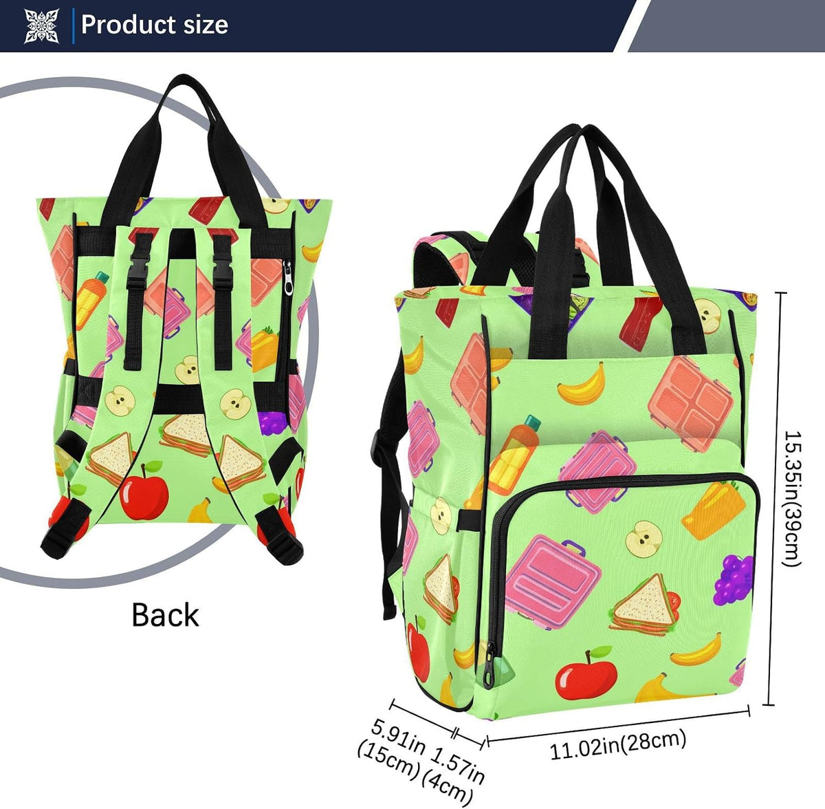 Diaper Bag Backpack, Multifunction Travel Bag for Moms Dads, Baby Changing Bag with Insulted Pockets, Stroller Straps and Side Bottle Pockets Colorful Lunch Items