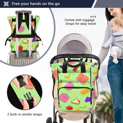 Diaper Bag Backpack, Multifunction Travel Bag for Moms Dads, Baby Changing Bag with Insulted Pockets, Stroller Straps and Side Bottle Pockets Colorful Lunch Items