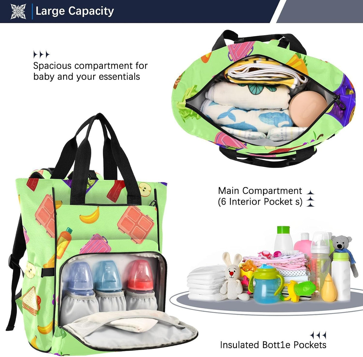 Diaper Bag Backpack, Multifunction Travel Bag for Moms Dads, Baby Changing Bag with Insulted Pockets, Stroller Straps and Side Bottle Pockets Colorful Lunch Items