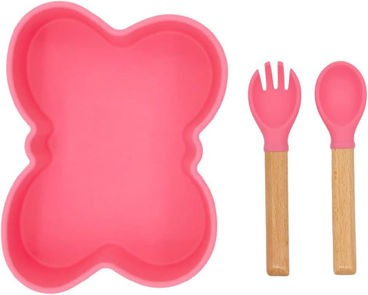 Baby Silicone Feeder Set, 3-pcs Butterfly-themed Baby Bowl with Suction, Spoon and Fork for Babies Toddler Kids, BPA-Free, Baby Utensils Feeding Supplies, Microwave and Dishwasher Safe