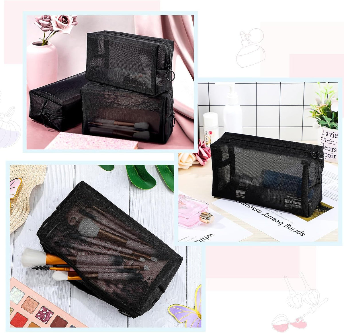 5 Pieces Mesh Makeup Bag Portable Travel Cosmetic Bag Black Breathable Mesh Zipper Pouch for Home Offices Travel Accessories Organizer(8.3 x 4.7 x 3.1 Inch)