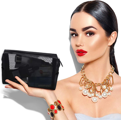 5 Pieces Mesh Makeup Bag Portable Travel Cosmetic Bag Black Breathable Mesh Zipper Pouch for Home Offices Travel Accessories Organizer(8.3 x 4.7 x 3.1 Inch)