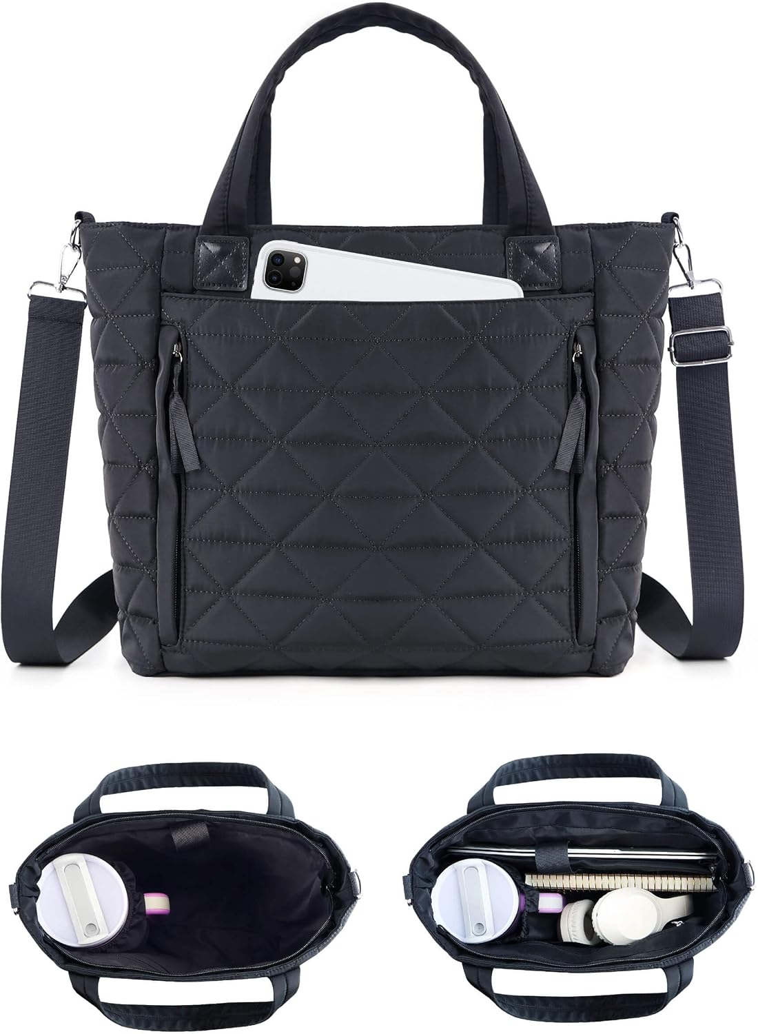 Puffer Tote Bag for Women Girls Compatible with Stanley Cup | Nylon Waterproof Quilted Shoulder Bags with Zipper for Work College Travel, Large Tote Handbags Gifts for Nurses Teachers
