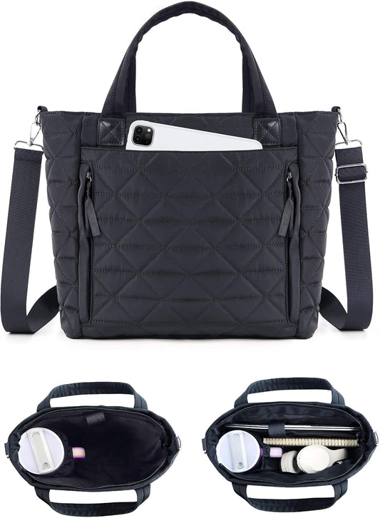 Puffer Tote Bag for Women Girls Compatible with Stanley Cup | Nylon Waterproof Quilted Shoulder Bags with Zipper for Work College Travel, Large Tote Handbags Gifts for Nurses Teachers
