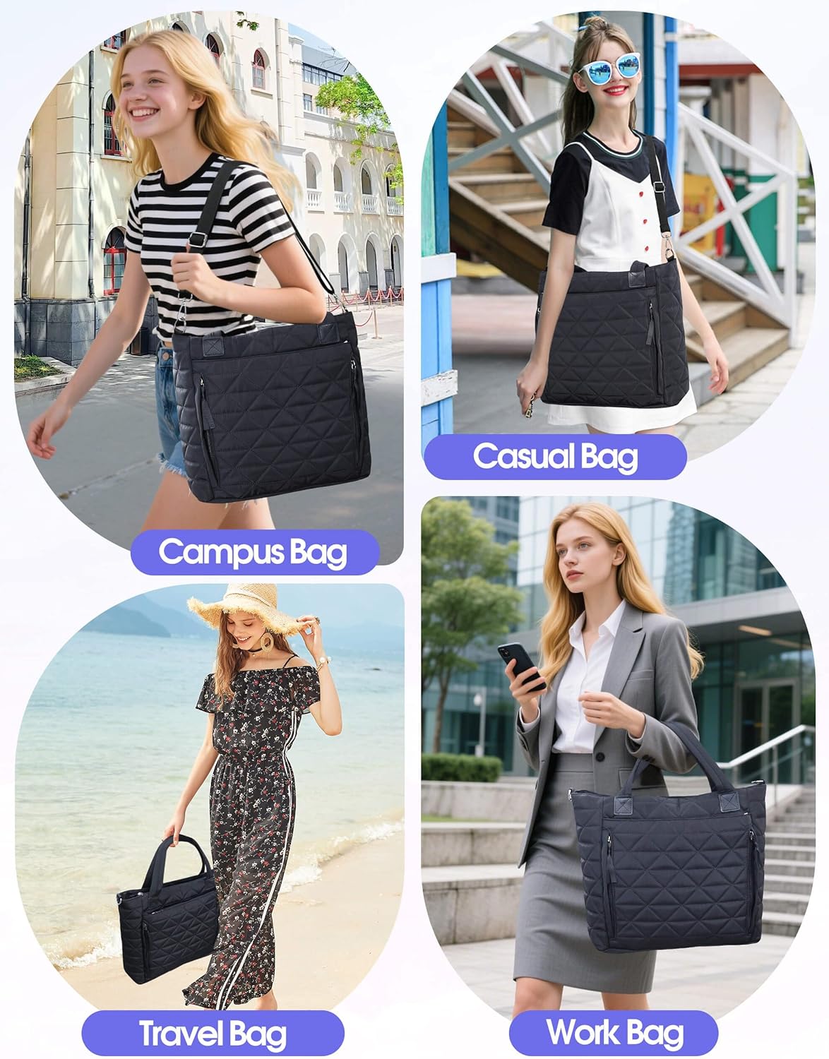 Puffer Tote Bag for Women Girls Compatible with Stanley Cup | Nylon Waterproof Quilted Shoulder Bags with Zipper for Work College Travel, Large Tote Handbags Gifts for Nurses Teachers