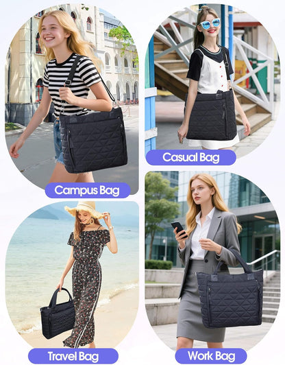 Puffer Tote Bag for Women Girls Compatible with Stanley Cup | Nylon Waterproof Quilted Shoulder Bags with Zipper for Work College Travel, Large Tote Handbags Gifts for Nurses Teachers
