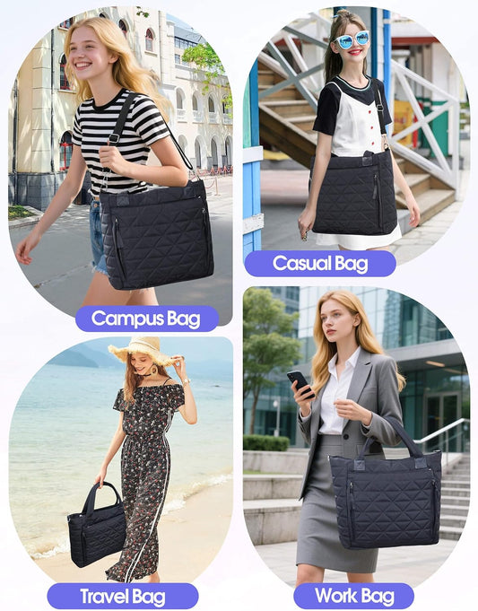 Puffer Tote Bag for Women Girls Compatible with Stanley Cup | Nylon Waterproof Quilted Shoulder Bags with Zipper for Work College Travel, Large Tote Handbags Gifts for Nurses Teachers