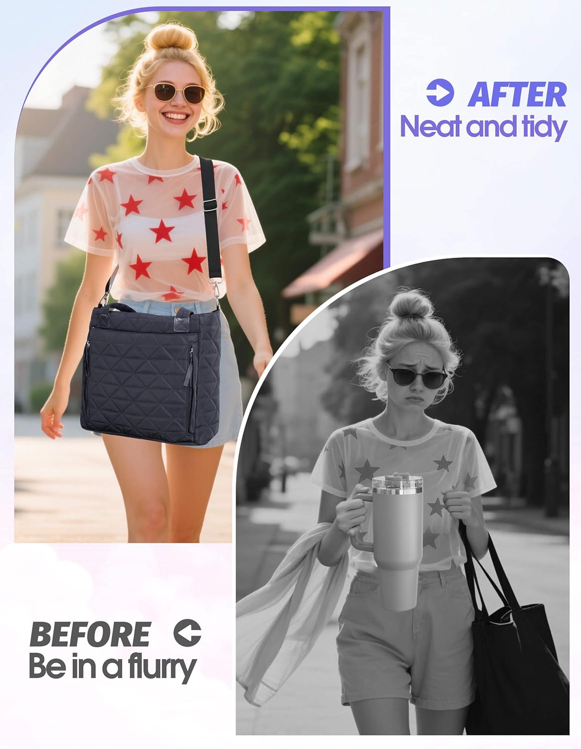 Puffer Tote Bag for Women Girls Compatible with Stanley Cup | Nylon Waterproof Quilted Shoulder Bags with Zipper for Work College Travel, Large Tote Handbags Gifts for Nurses Teachers