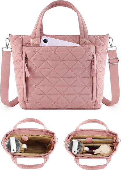 Puffer Tote Bag for Women Girls Compatible with Stanley Cup | Nylon Waterproof Quilted Shoulder Bags with Zipper for Work College Travel, Large Tote Handbags Gifts for Nurses Teachers