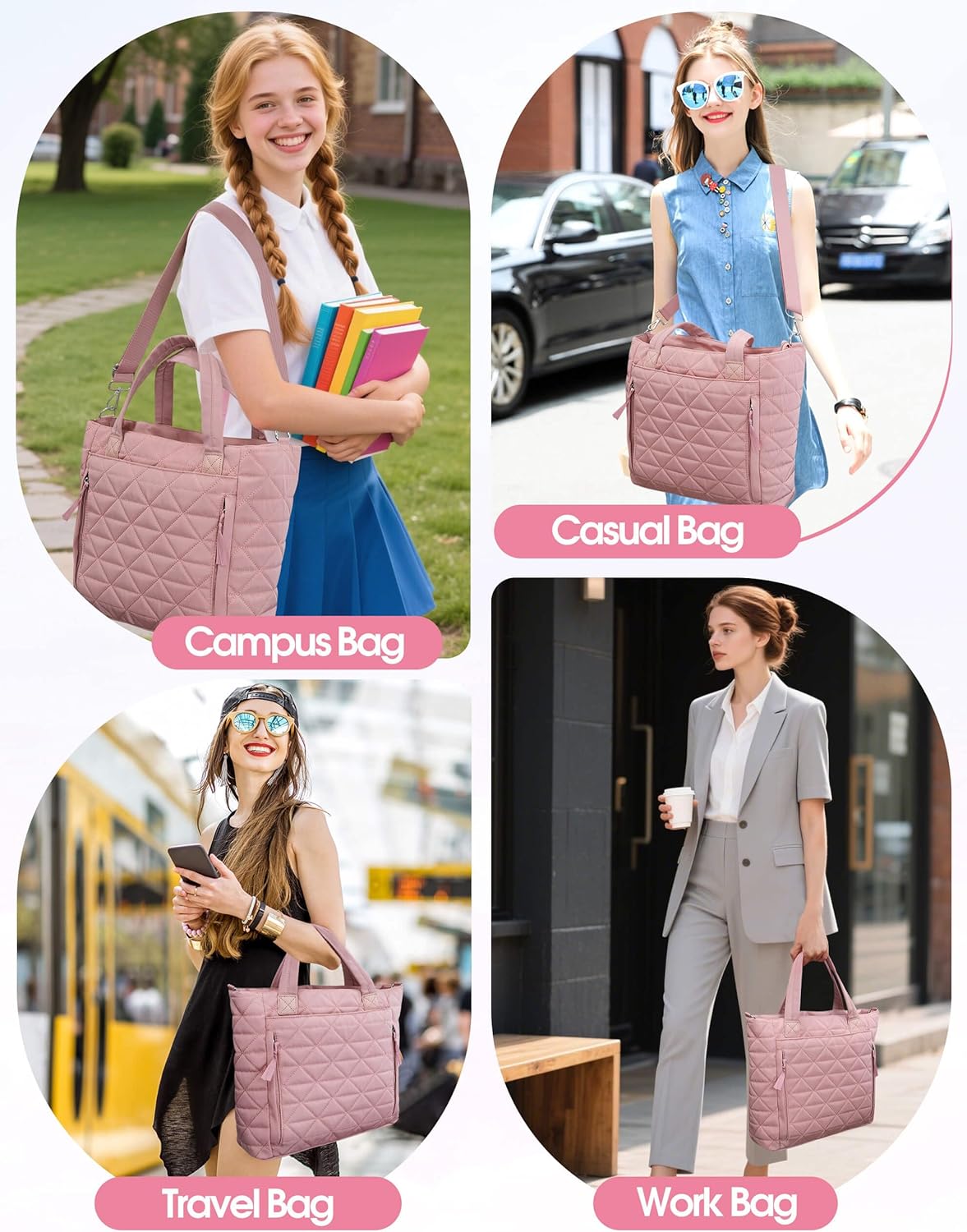 Puffer Tote Bag for Women Girls Compatible with Stanley Cup | Nylon Waterproof Quilted Shoulder Bags with Zipper for Work College Travel, Large Tote Handbags Gifts for Nurses Teachers