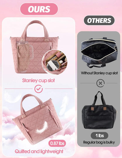 Puffer Tote Bag for Women Girls Compatible with Stanley Cup | Nylon Waterproof Quilted Shoulder Bags with Zipper for Work College Travel, Large Tote Handbags Gifts for Nurses Teachers