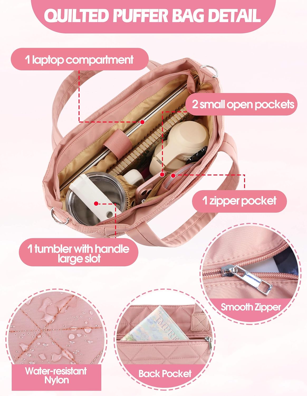 Puffer Tote Bag for Women Girls Compatible with Stanley Cup | Nylon Waterproof Quilted Shoulder Bags with Zipper for Work College Travel, Large Tote Handbags Gifts for Nurses Teachers