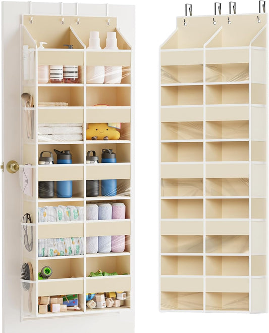 Extra Large Over The Door Organizer with 10 Large Pockets and 10 Mesh Side Pockets, 5 Layers Door Organizer Hanging with Clear Window for Bedroom, Bathroom, Pantry and Nursery, Gray