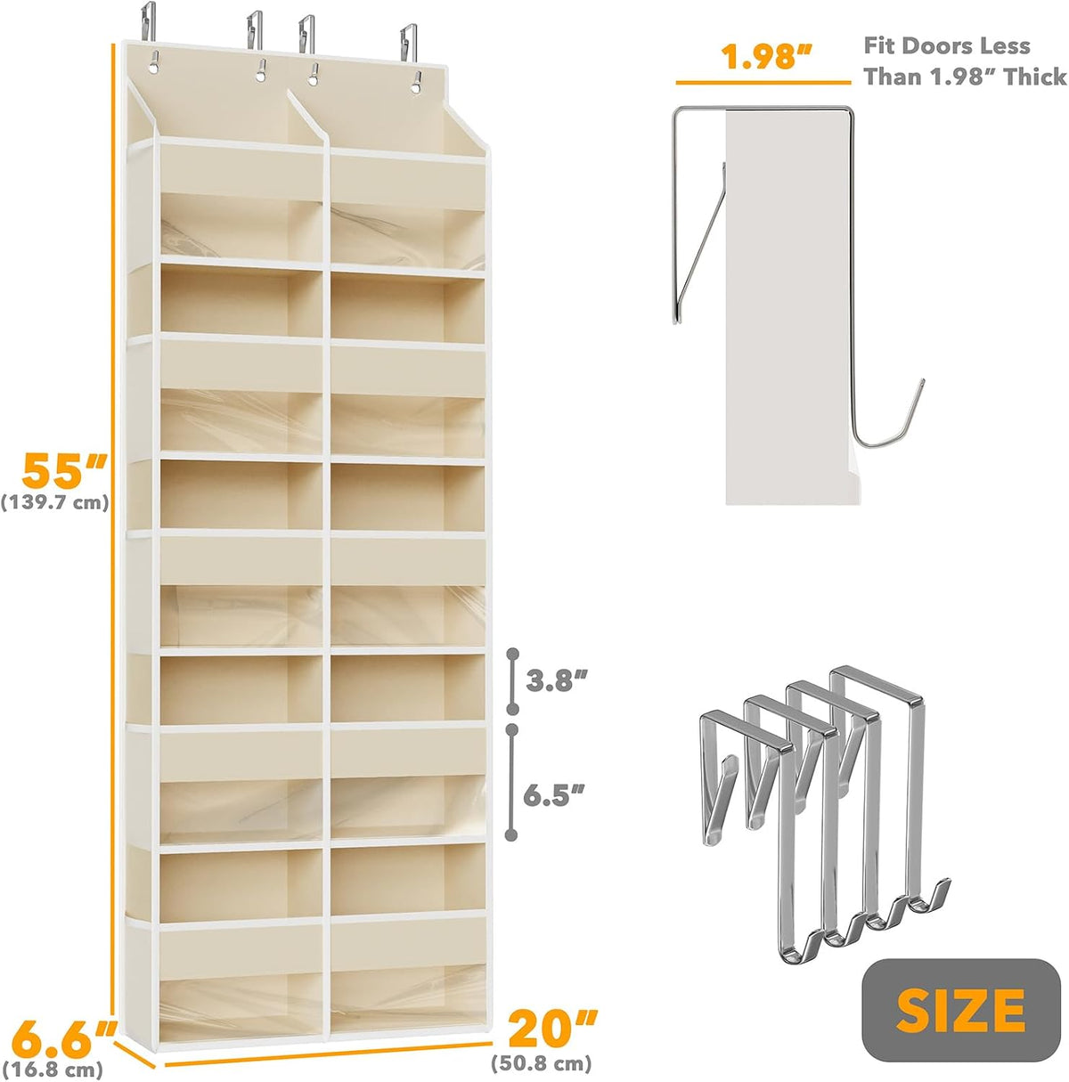Extra Large Over The Door Organizer with 10 Large Pockets and 10 Mesh Side Pockets, 5 Layers Door Organizer Hanging with Clear Window for Bedroom, Bathroom, Pantry and Nursery, Gray