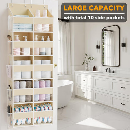 Extra Large Over The Door Organizer with 10 Large Pockets and 10 Mesh Side Pockets, 5 Layers Door Organizer Hanging with Clear Window for Bedroom, Bathroom, Pantry and Nursery, Gray