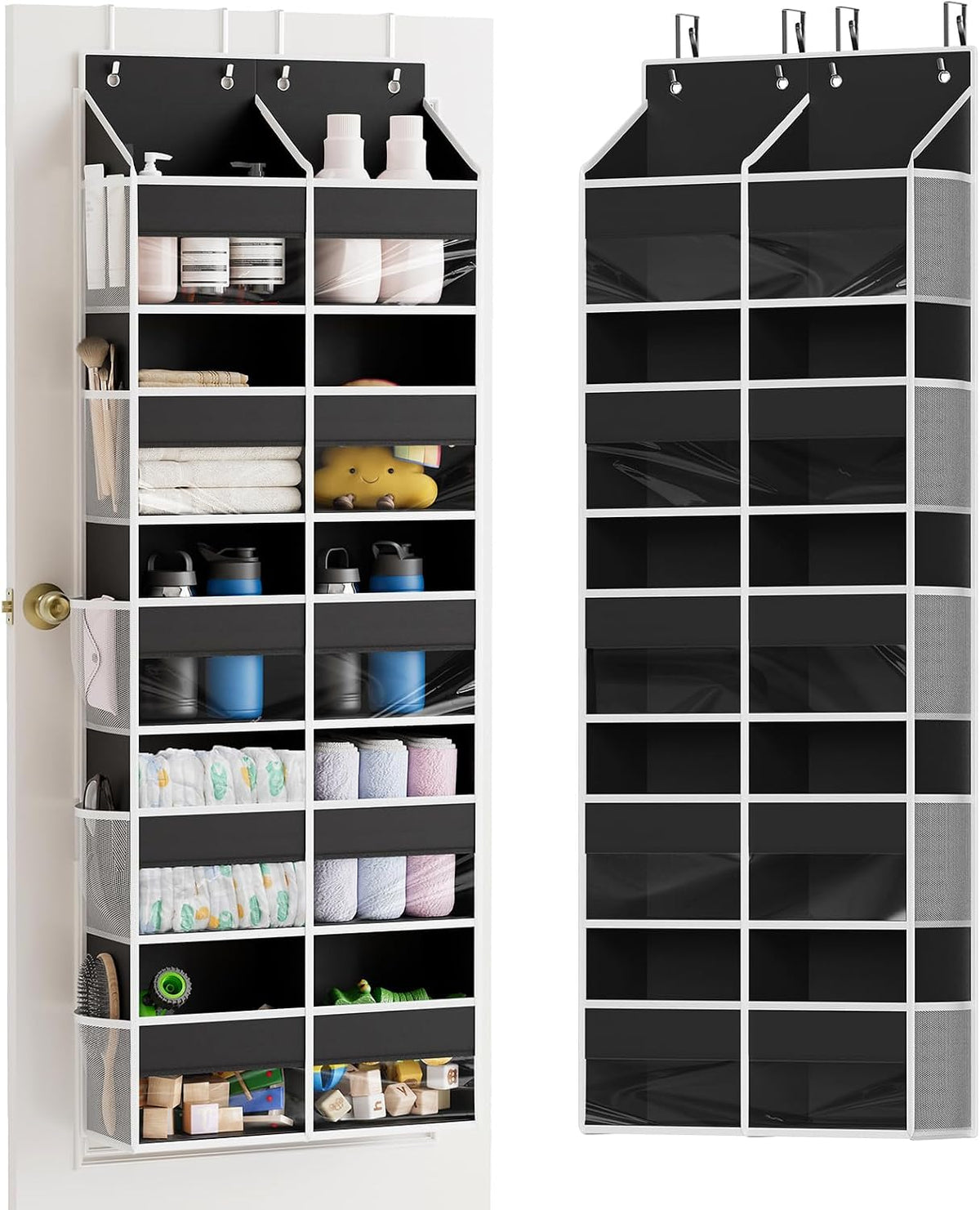 Extra Large Over The Door Organizer with 10 Large Pockets and 10 Mesh Side Pockets, 5 Layers Door Organizer Hanging with Clear Window for Bedroom, Bathroom, Pantry and Nursery, Gray