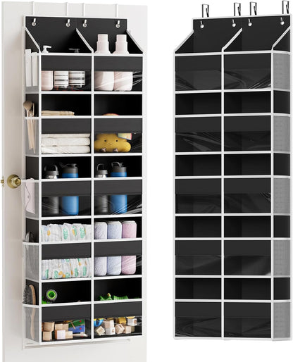 Extra Large Over The Door Organizer with 10 Large Pockets and 10 Mesh Side Pockets, 5 Layers Door Organizer Hanging with Clear Window for Bedroom, Bathroom, Pantry and Nursery, Gray