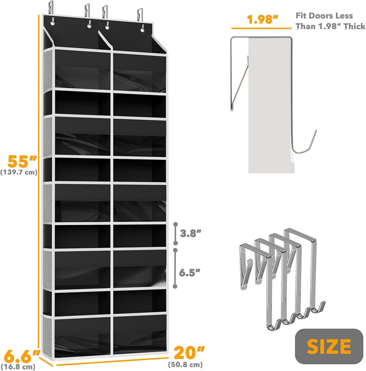 Extra Large Over The Door Organizer with 10 Large Pockets and 10 Mesh Side Pockets, 5 Layers Door Organizer Hanging with Clear Window for Bedroom, Bathroom, Pantry and Nursery, Gray