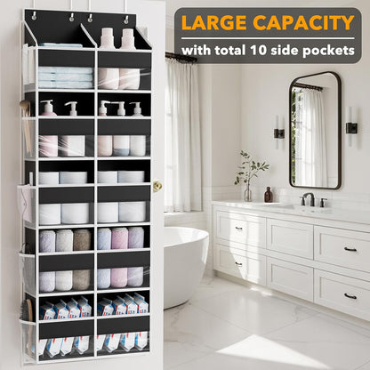Extra Large Over The Door Organizer with 10 Large Pockets and 10 Mesh Side Pockets, 5 Layers Door Organizer Hanging with Clear Window for Bedroom, Bathroom, Pantry and Nursery, Gray