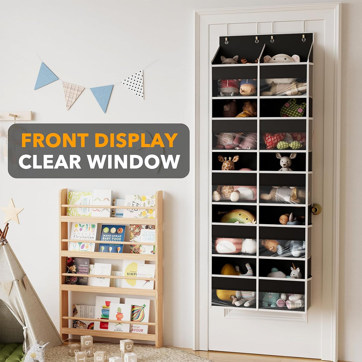 Extra Large Over The Door Organizer with 10 Large Pockets and 10 Mesh Side Pockets, 5 Layers Door Organizer Hanging with Clear Window for Bedroom, Bathroom, Pantry and Nursery, Gray