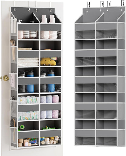 Extra Large Over The Door Organizer with 10 Large Pockets and 10 Mesh Side Pockets, 5 Layers Door Organizer Hanging with Clear Window for Bedroom, Bathroom, Pantry and Nursery, Gray