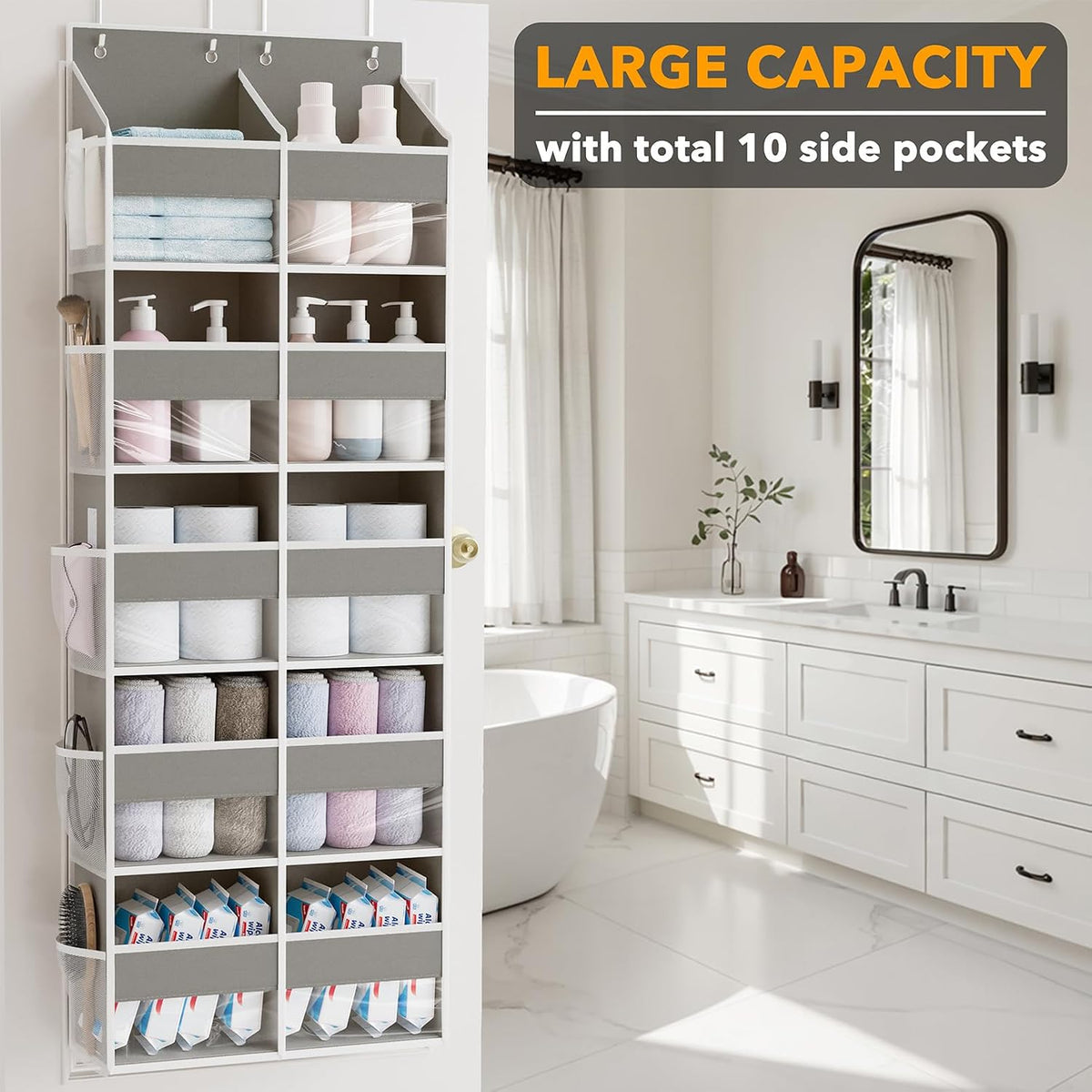 Extra Large Over The Door Organizer with 10 Large Pockets and 10 Mesh Side Pockets, 5 Layers Door Organizer Hanging with Clear Window for Bedroom, Bathroom, Pantry and Nursery, Gray