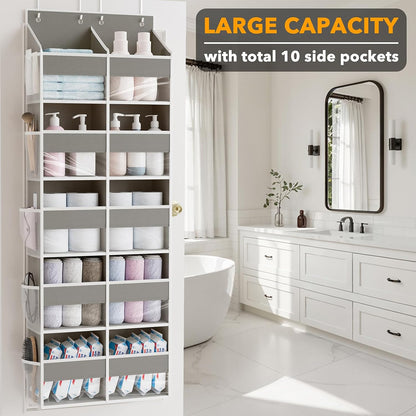Extra Large Over The Door Organizer with 10 Large Pockets and 10 Mesh Side Pockets, 5 Layers Door Organizer Hanging with Clear Window for Bedroom, Bathroom, Pantry and Nursery, Gray